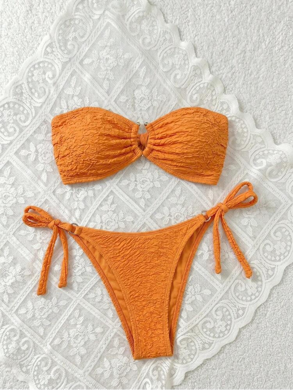 Orange Textured Tie-Side Bandeau Bikini - Women Swim